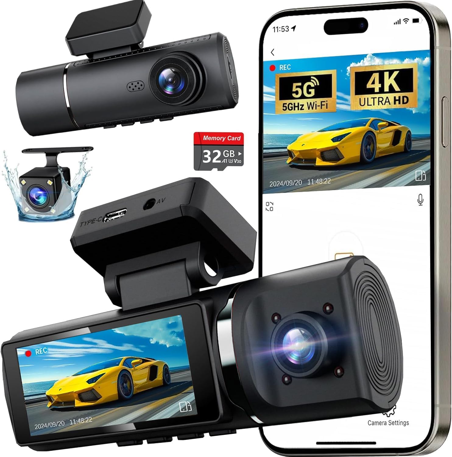 3 Channel 4K Dash Cam Front, 1080P Dash Camera Rear And Inside For Cars With 32Gb Card, G Sensor, 3.16 Ips Screen, 24Hr Parking,